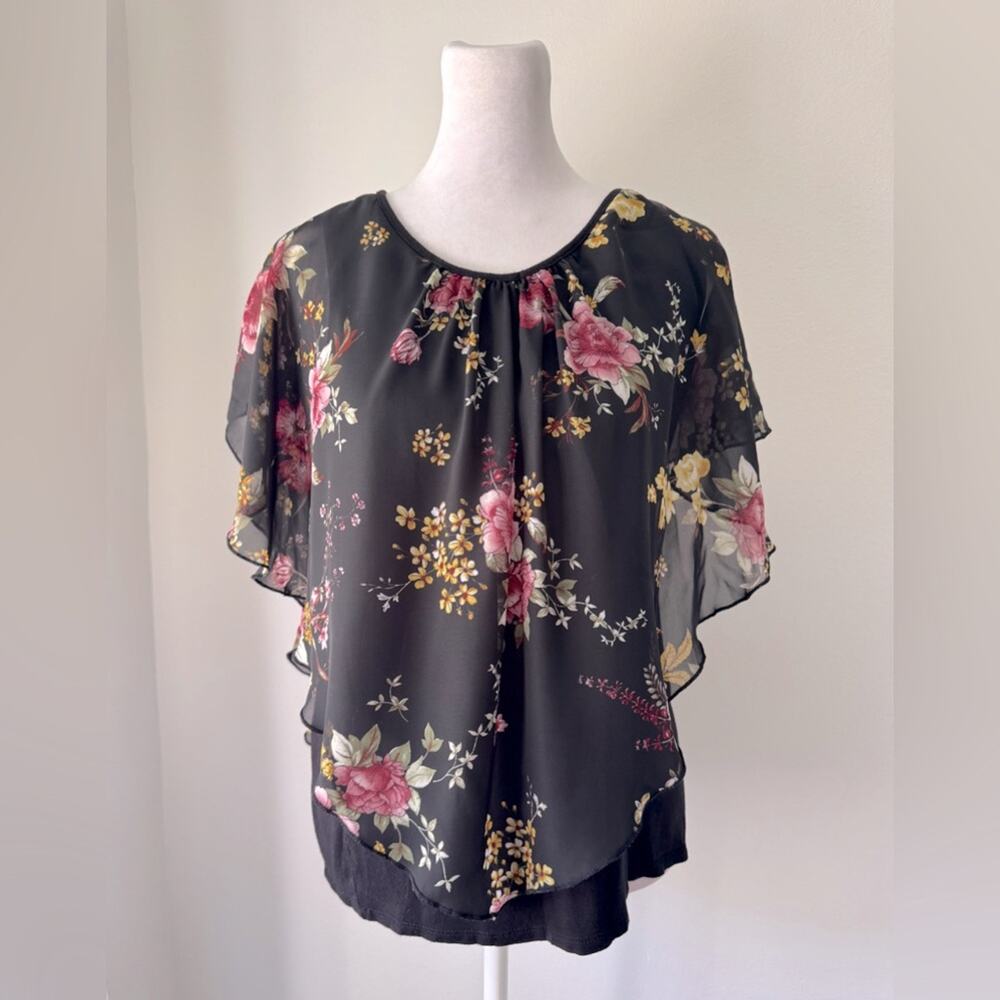 Naïf Black Floral Print Sheer Overlay Blouse w/ Built-In Tank Top